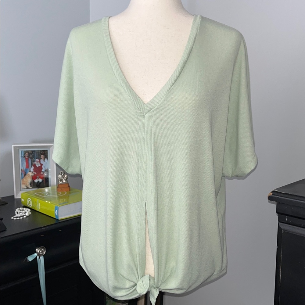 Light Green V-Neck Knit Loose Fitting Top